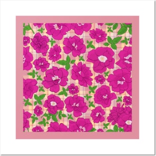 Retro Ramblin' Rose Pink and Green on Pink and Orange Plaid Posters and Art